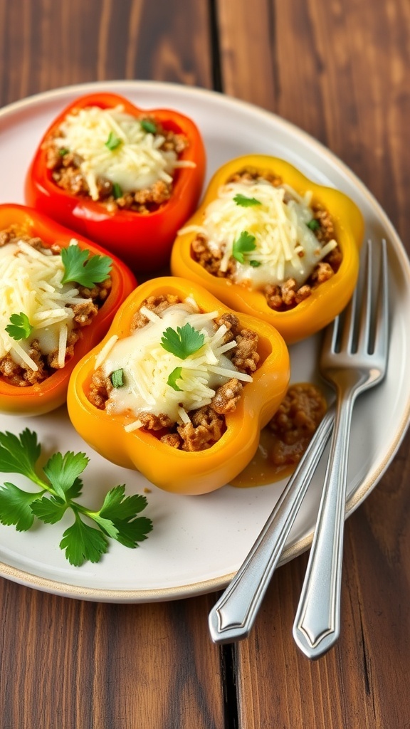 Stuffed bell peppers filled with ground beef and rice, topped with cheese, served on a rustic table.
